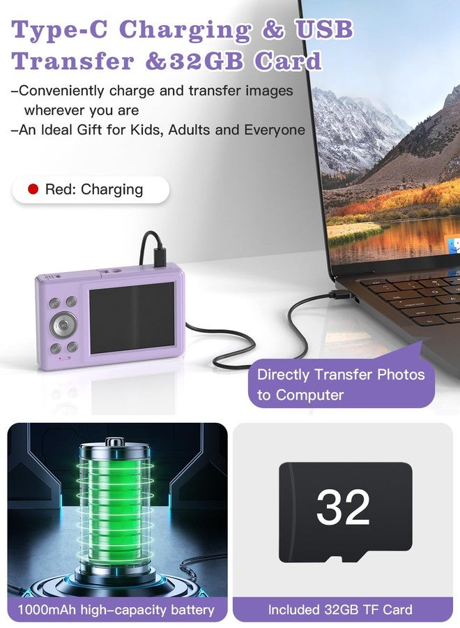 Fleafer Upgrade Kids Camera, 56MP FHD 1080P with 16x Zoom, Anti Shake, 32GB TF Card, Two Batteries, Lanyard - Compact Small Camera for Kids Boys Girls (Purple) - Image 4